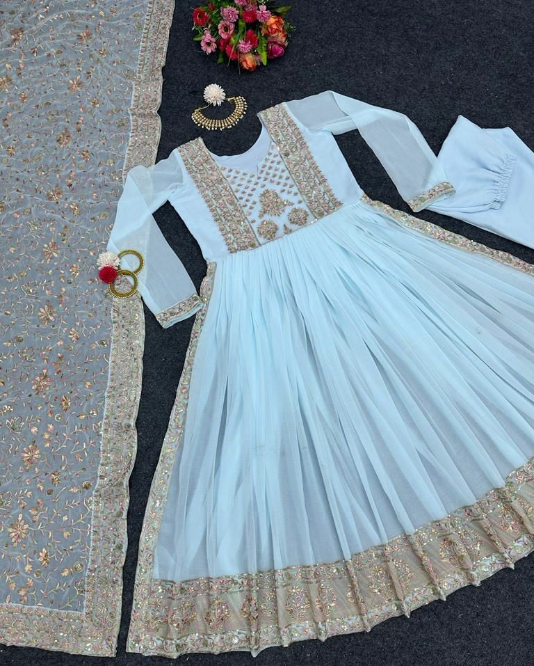 Sky blue georgette thread sequence work naira cut pant suit