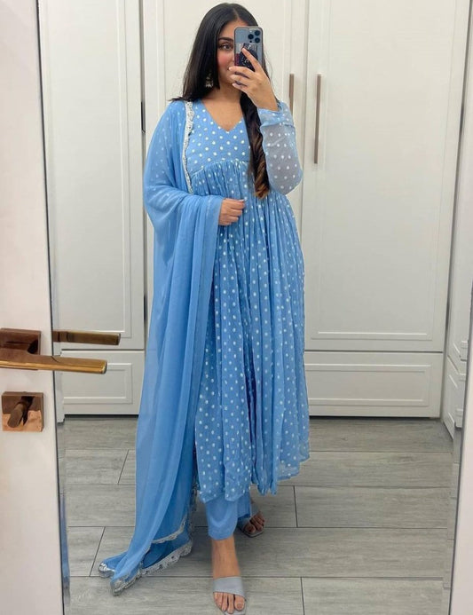 Sky blue georgette white dot printed umbrella flair anarkali suit