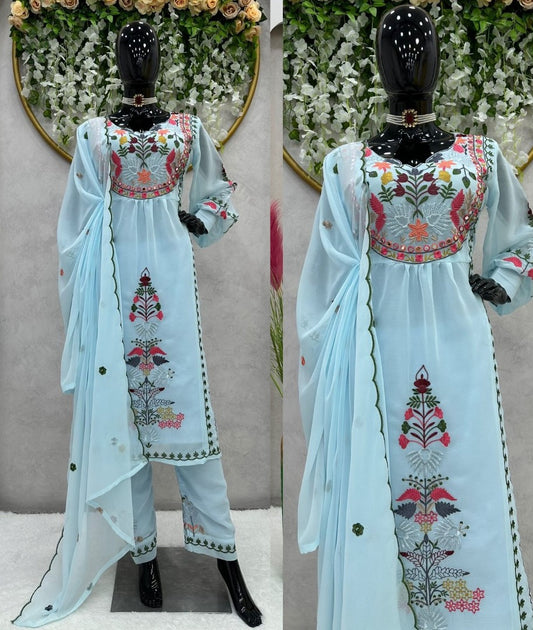 Sky blue georgettte multi thread embroidery work designer palazzo suit