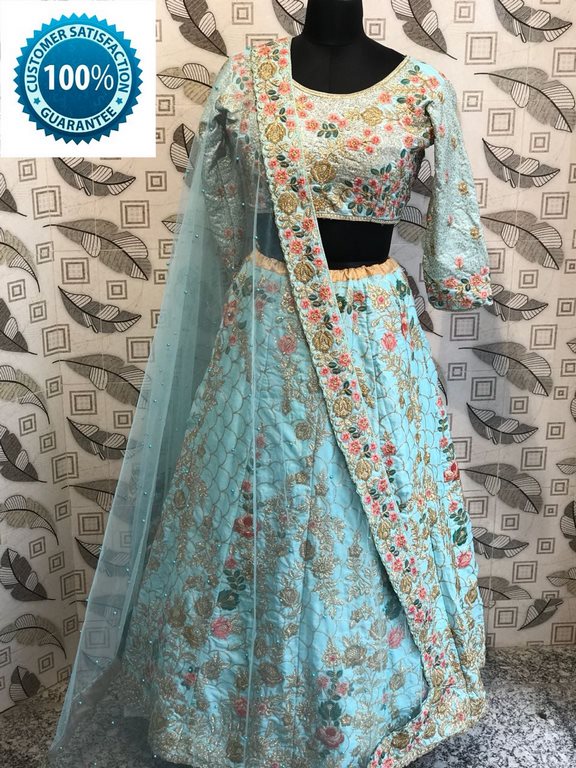 Sky blue habutai silk heavy embroidered wedding lehenga