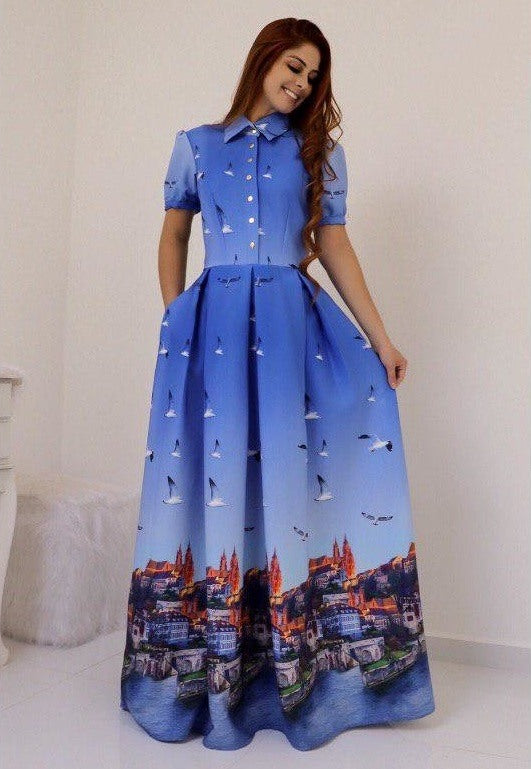 Sky blue heavy american crape printed gown