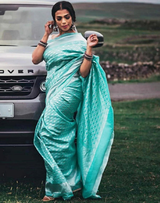 Sky blue heavy banarasi jacquard weaving work saree