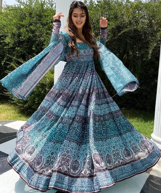 Sky blue heavy butter silk digital printed work party wear anarkali gown