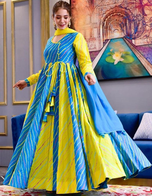 Sky blue heavy butter silk digital printed work party wear gown