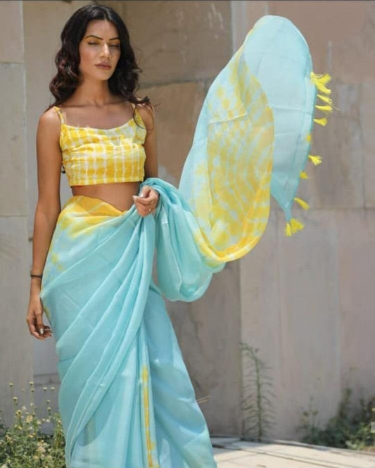 Sky blue heavy cotton silk printed stylist saree