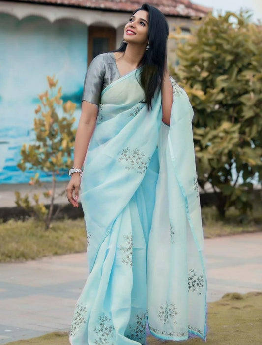 Sky blue heavy crushed silk coding flower work saree