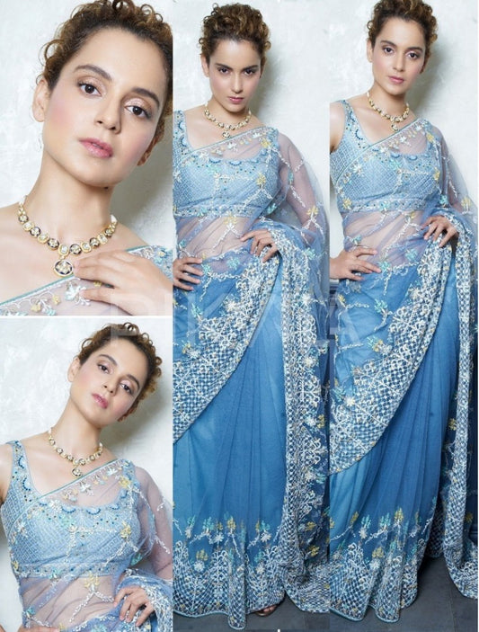 sky blue heavy embroidered bollywood style designer saree