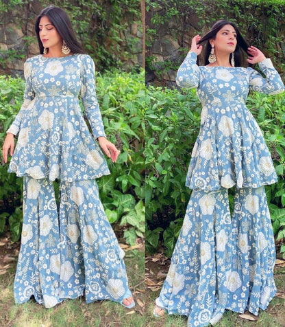 Sky blue heavy embroidery work party wear palazzo kurti