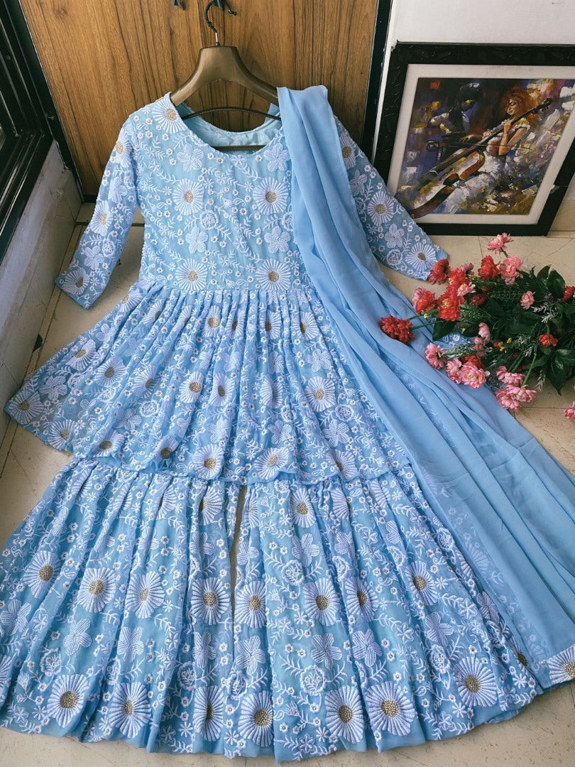 Sky blue heavy embroidery work party wear palazzo kurti