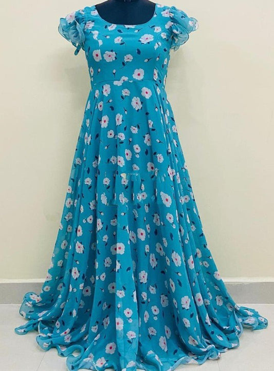 Sky blue heavy georgette digital flower printed gown