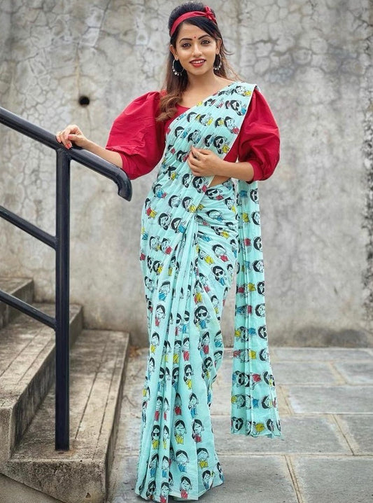 Sky blue heavy georgette digital printed work party wear saree