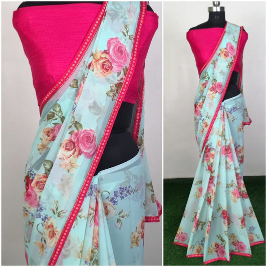sky blue heavy georgette floral printed saree