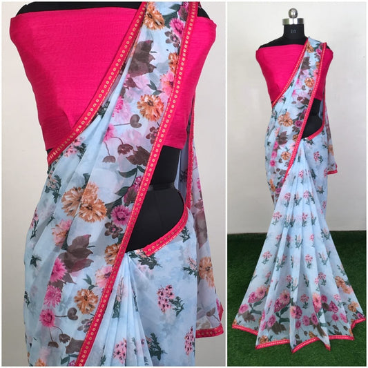 sky blue heavy georgette floral printed saree