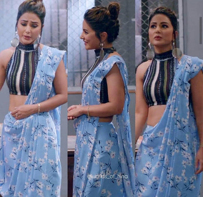 Sky blue heavy georgette flower printed partywear stylist saree