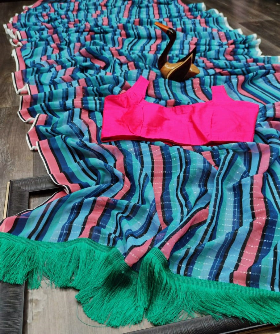 Sky blue heavy georgette sequence work saree