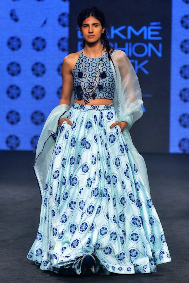 Sky blue heavy satin digital printed partywear lehenga