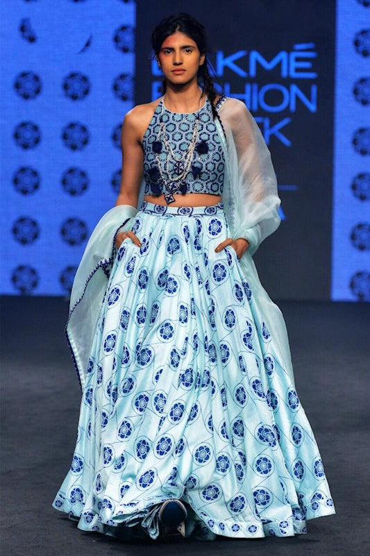 Sky blue heavy satin digital printed partywear lehenga