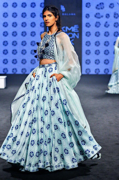 Sky blue heavy satin digital printed partywear lehenga