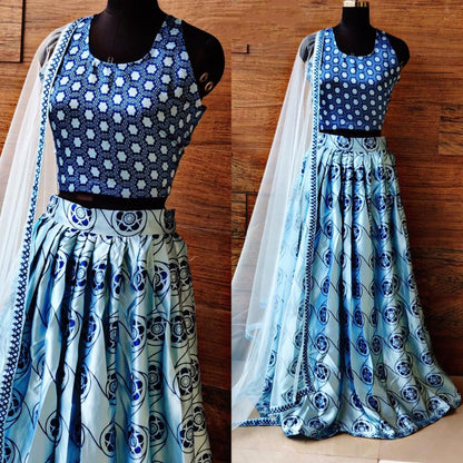 Sky blue heavy satin digital printed partywear lehenga