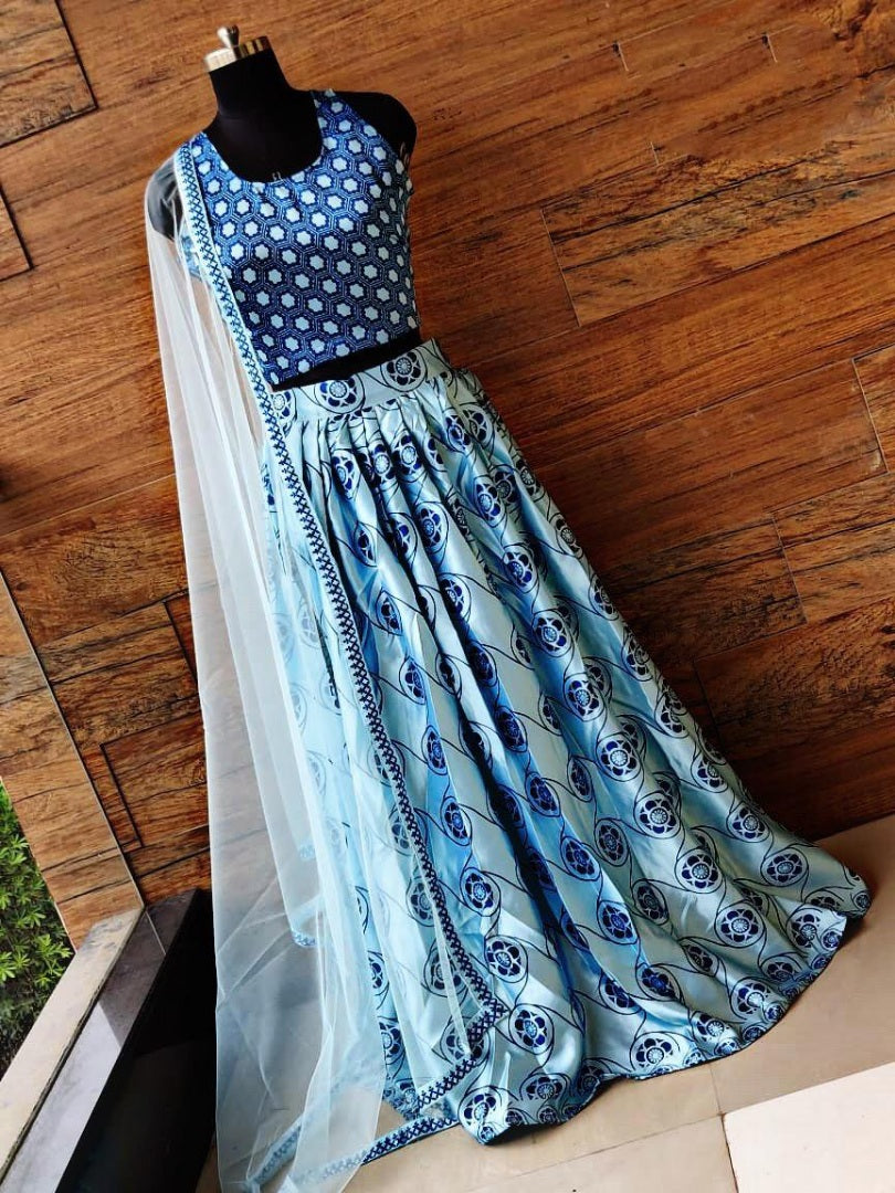 Sky blue heavy satin digital printed partywear lehenga