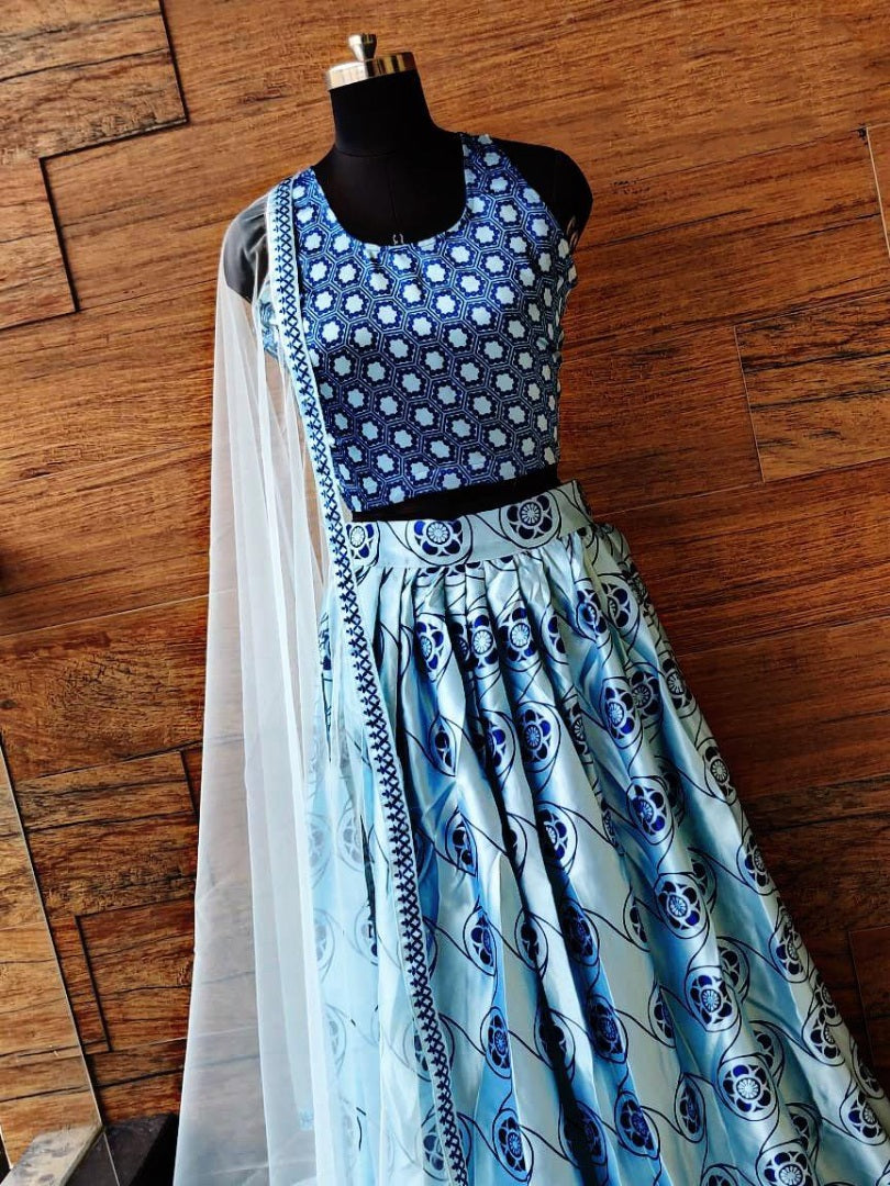 Sky blue heavy satin digital printed partywear lehenga
