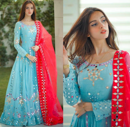 Sky blue heavy taffeta silk thread embroidered mirror work gown