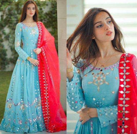 Sky blue heavy taffeta silk thread embroidered mirror work gown