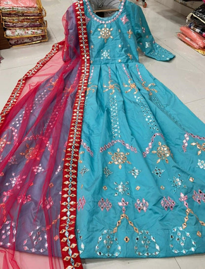 Sky blue heavy taffeta silk thread embroidered mirror work gown