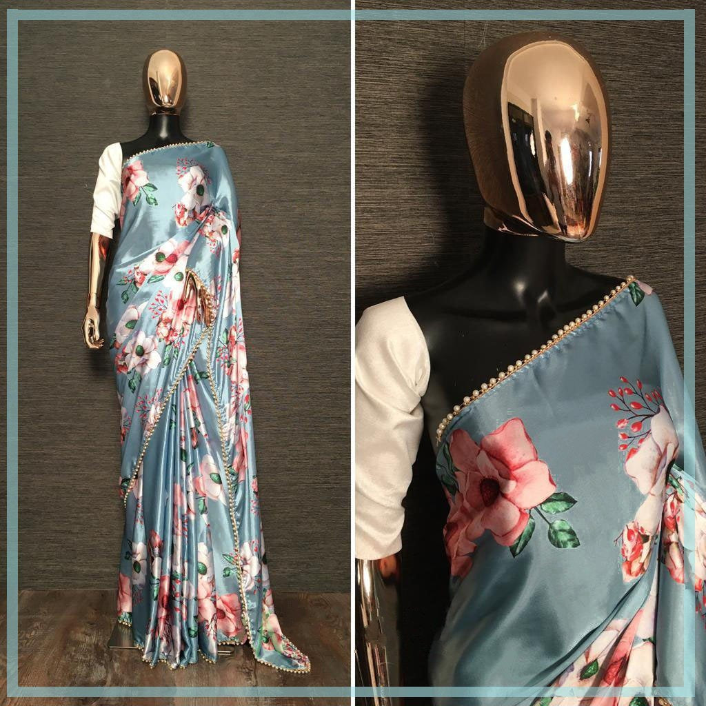 Sky blue japan satin flower printed saree