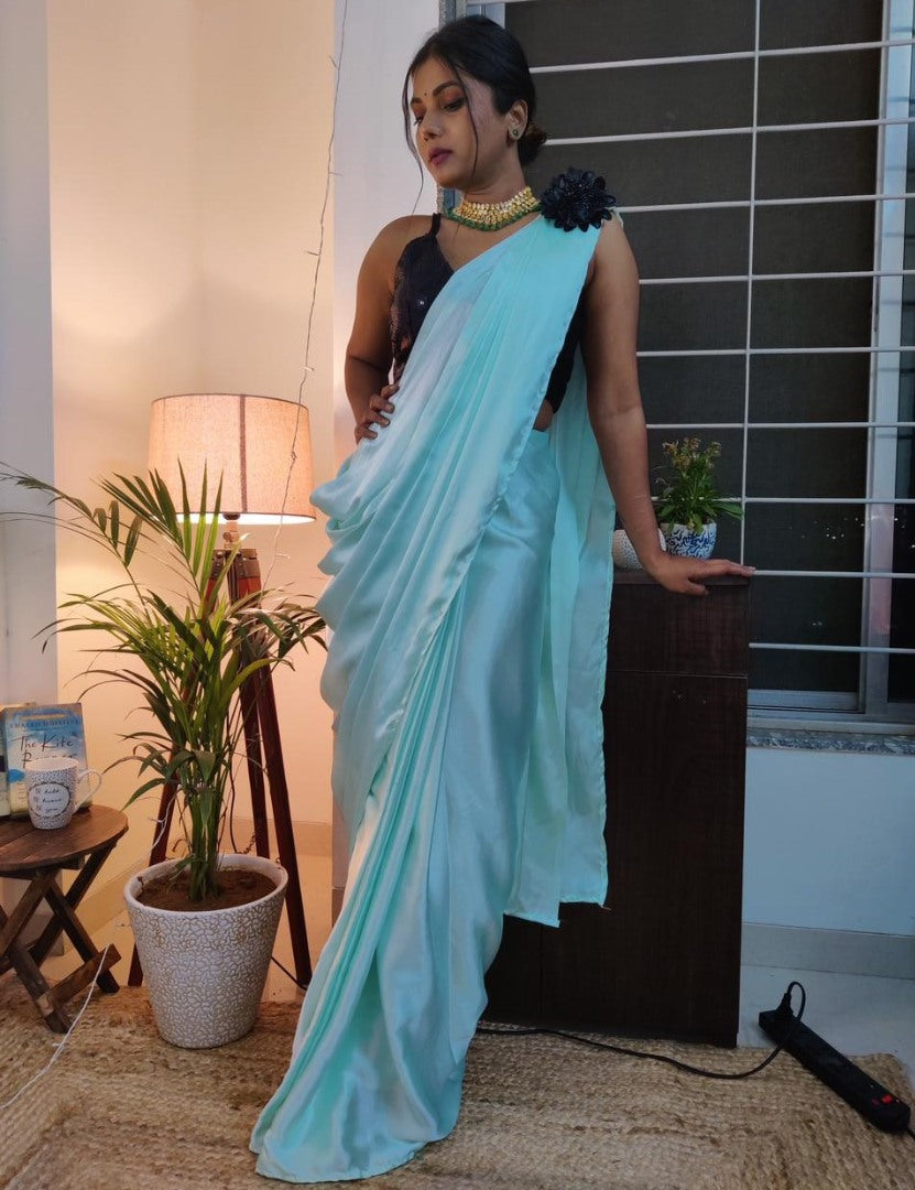 Sky blue japan satin ready to wear plain partywear saree