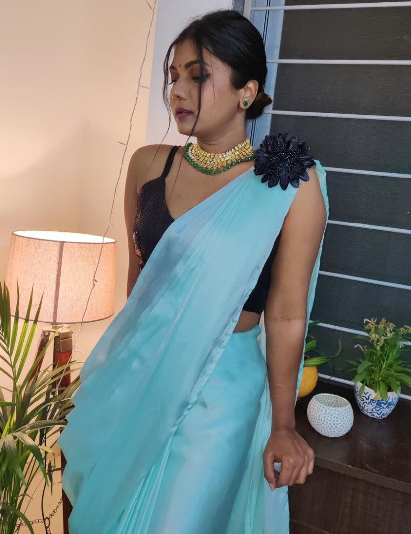Sky blue japan satin ready to wear plain partywear saree