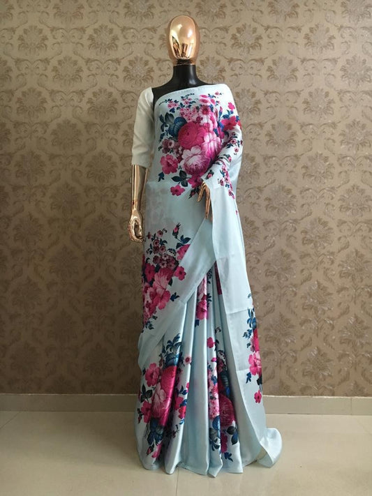 Sky blue japan satin silk floral printed saree