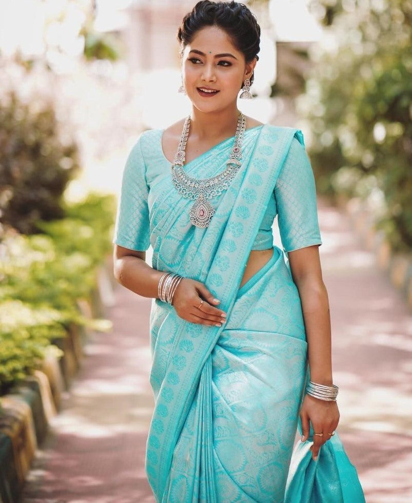 Sky blue kanchipuram silk jacquard weaving work wedding work saree