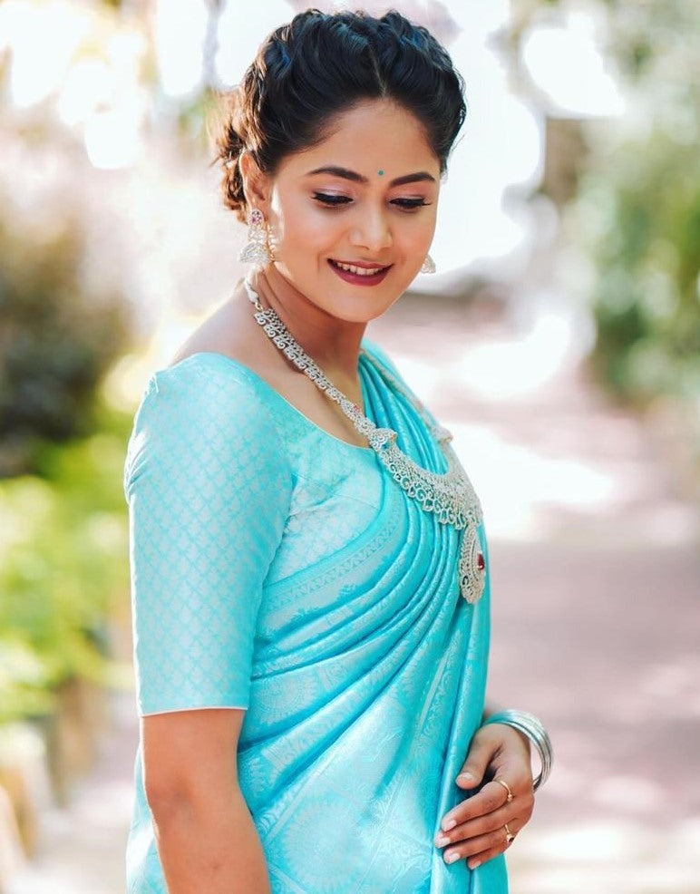 Sky blue kanchipuram silk jacquard weaving work wedding work saree