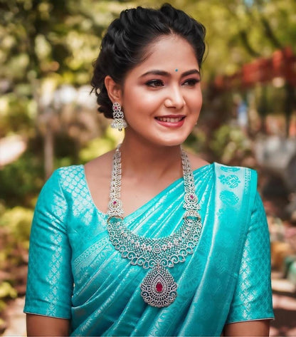 Sky blue kanchipuram silk jacquard weaving work wedding work saree