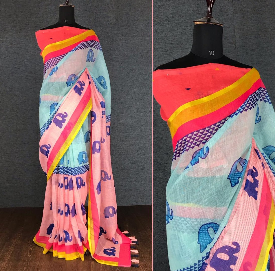 Sky blue linen digital print cotton tussles work saree