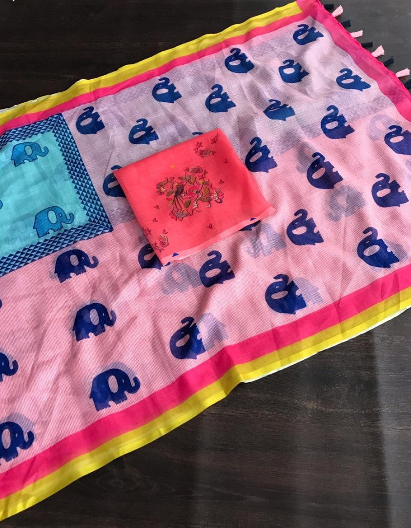 Sky blue linen digital print cotton tussles work saree