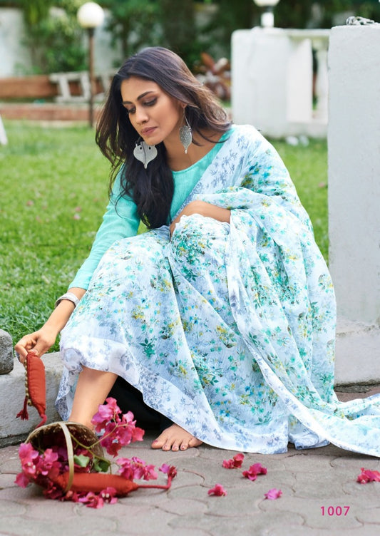 sky blue linen silk floral digital printed saree