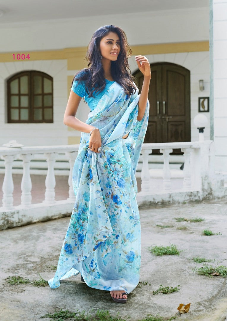 sky blue linen silk floral digital printed saree