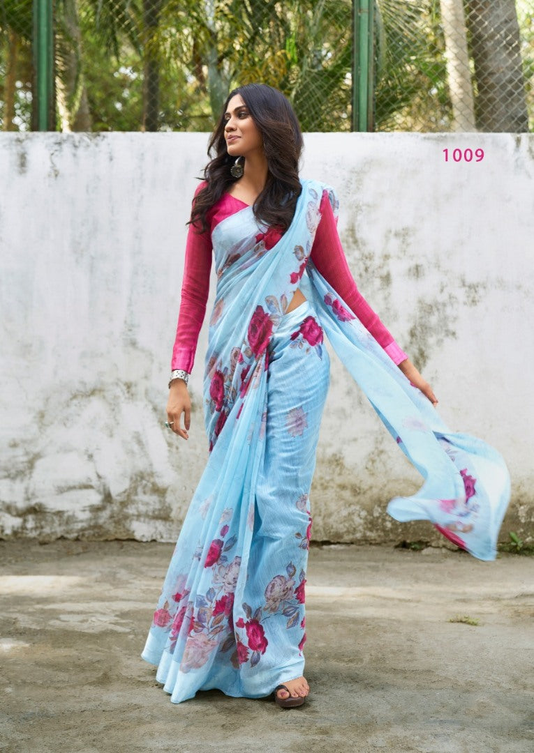 sky blue linen silk floral digital printed saree