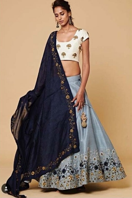 Sky blue malbarry silk designer embroidered ceremonial lehenga