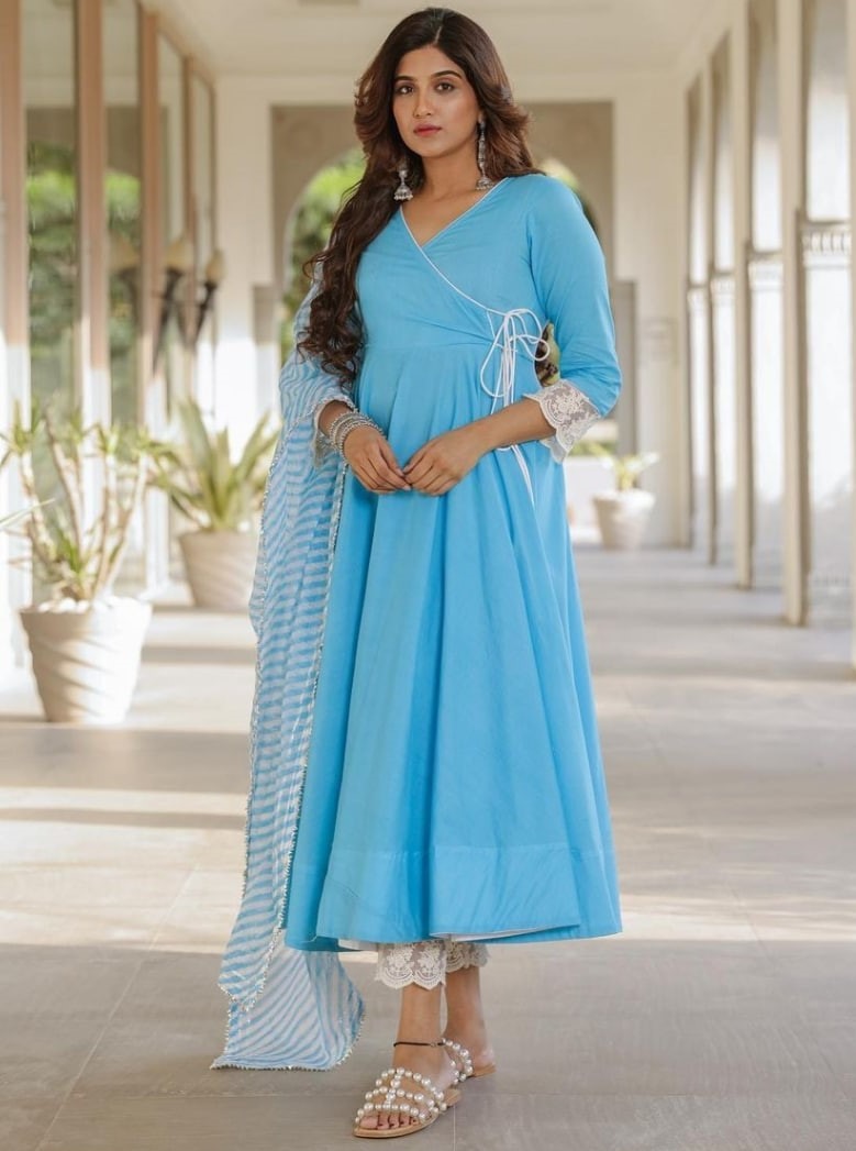 Sky blue maslin cotton kedia style anarkali suit