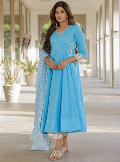 Sky blue maslin cotton kedia style anarkali suit