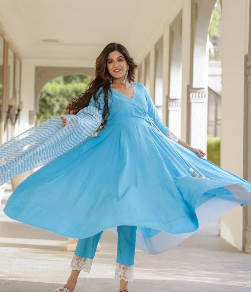 Sky blue maslin cotton kedia style anarkali suit