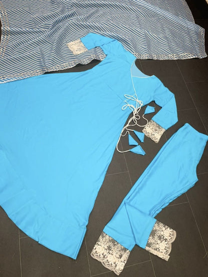 Sky blue maslin cotton kedia style anarkali suit