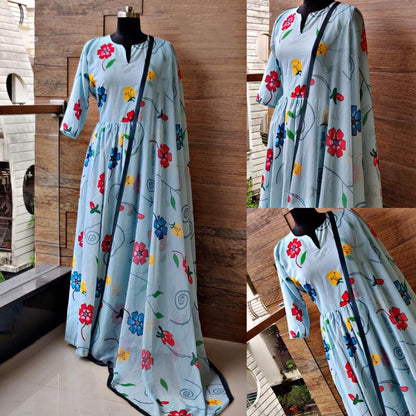 sky blue maslin silk digital printed gown with printed dupatta