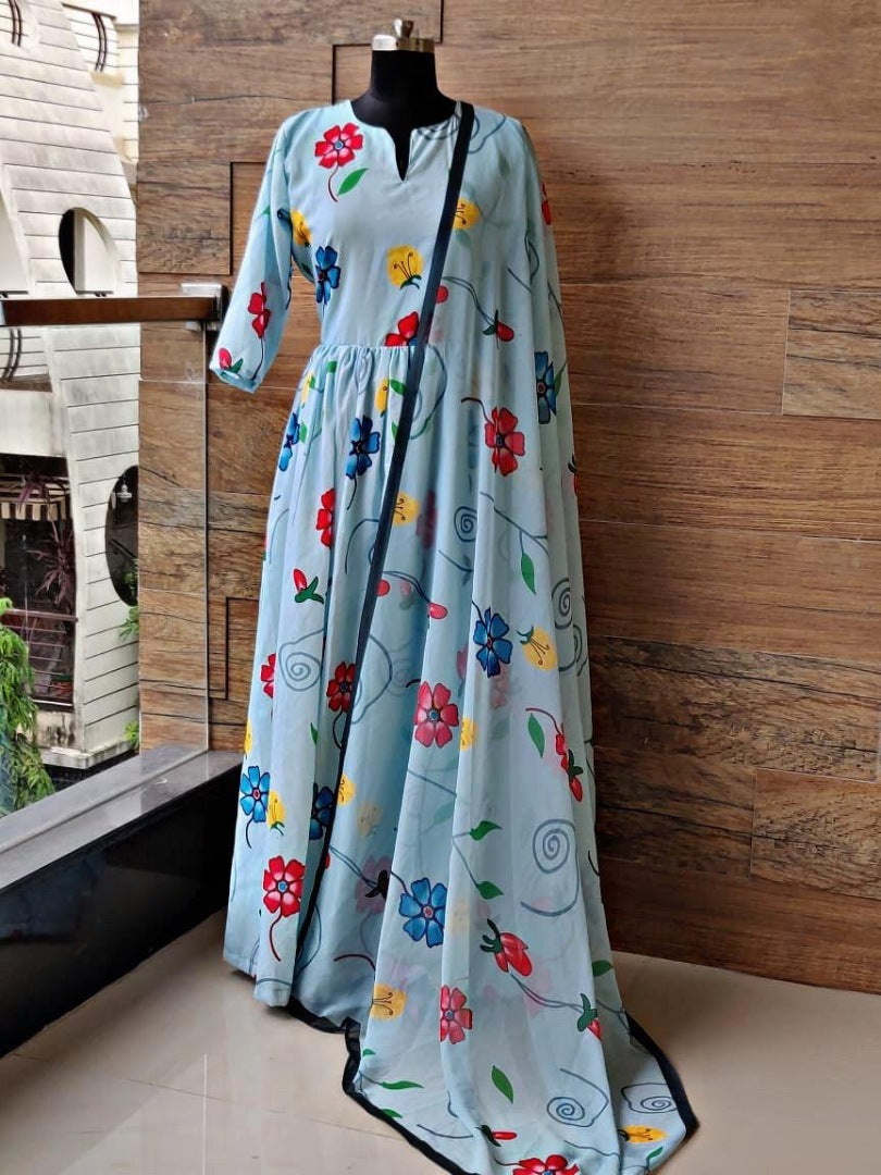 sky blue maslin silk digital printed gown with printed dupatta