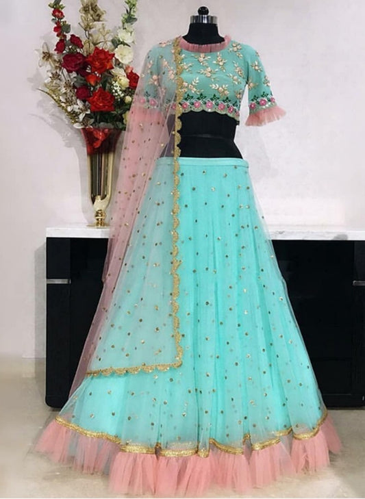 Sky blue mono net embroidered ceremonial lehenga choli
