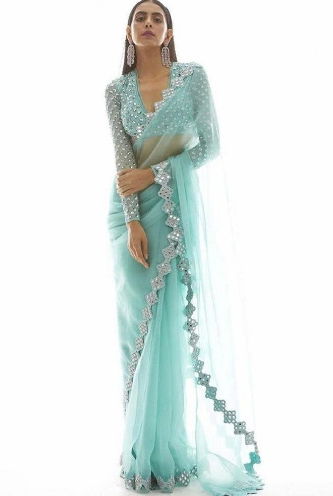 Sky blue mono net paper mirror work saree