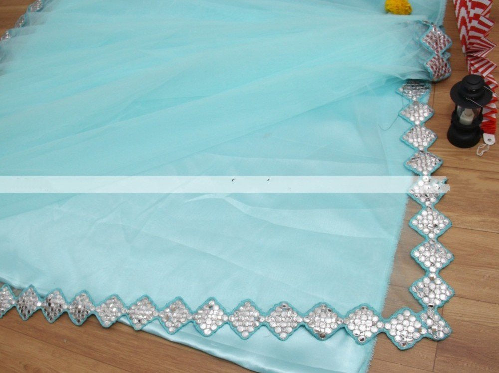 Sky blue mono net paper mirror work saree